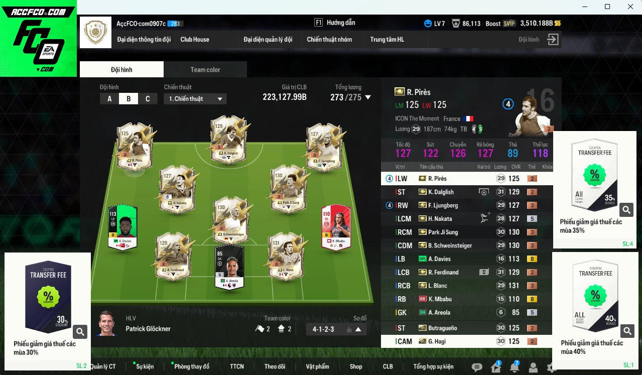 Full mùa ITM 223.120b có Schweinsteiger ITM+3, Blanc ITM+3, Park ITM+3, Hagi ITM+3, Dalglish ITM+2, Nakata ITM+5, Butragueno ITM+2, Ljungberg ITM+3, Pirès ITM+3. Còn nhiều SVIP, HLV Xịn